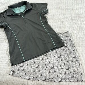 Peter Millar golf outfit in gray and turquoise